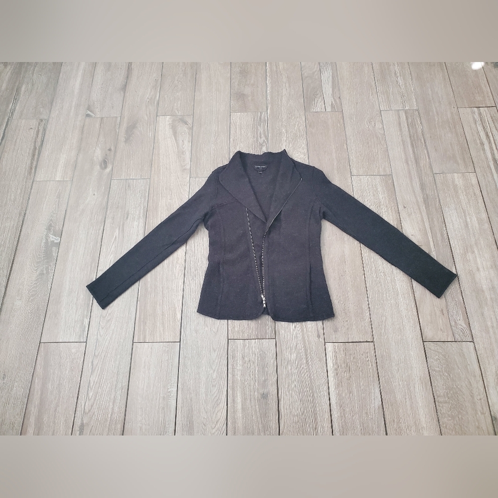 Eileen Fisher 100% merino wool black moto jacket cardigan sweater size XS